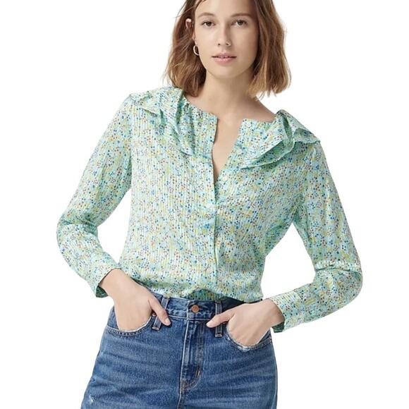 J. Crew Ruffle Field Day Floral Metallic Stripe Long Sleeve Blouse Small - Picture 1 of 9